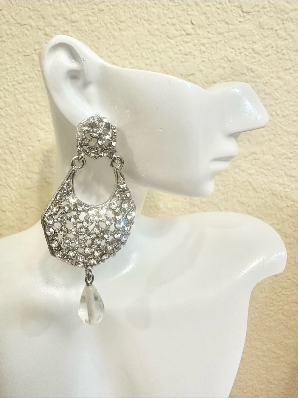 Clear Rhinestones Silver Dangle Earrings with Clear Crystal Teardrop